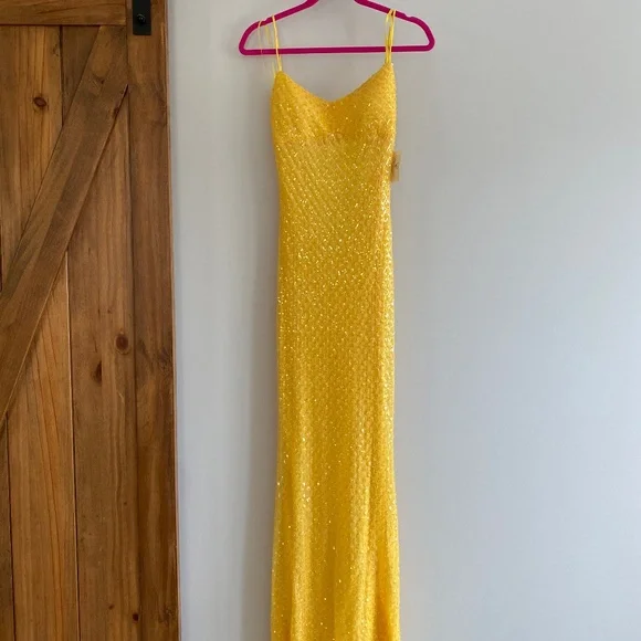 Windsor Yellow Sequin Backless Prom Dress - Picture 1 of 12